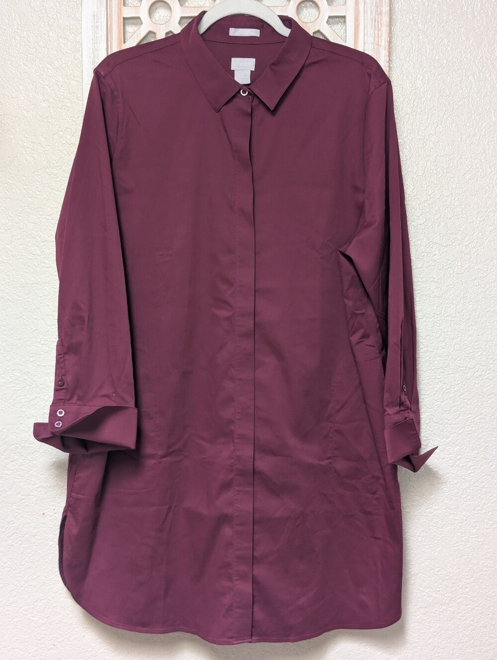 Chico's No Iron Chic Stretch size 3 (US 16) button up tunic topper burgundy